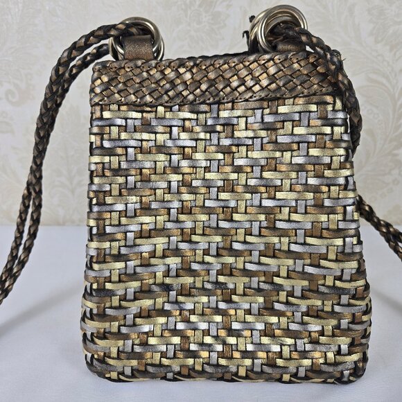 LJS Collection Small Braided Woven Leather Bucket Shoulder Bag Mixed Metallics - Picture 2 of 13